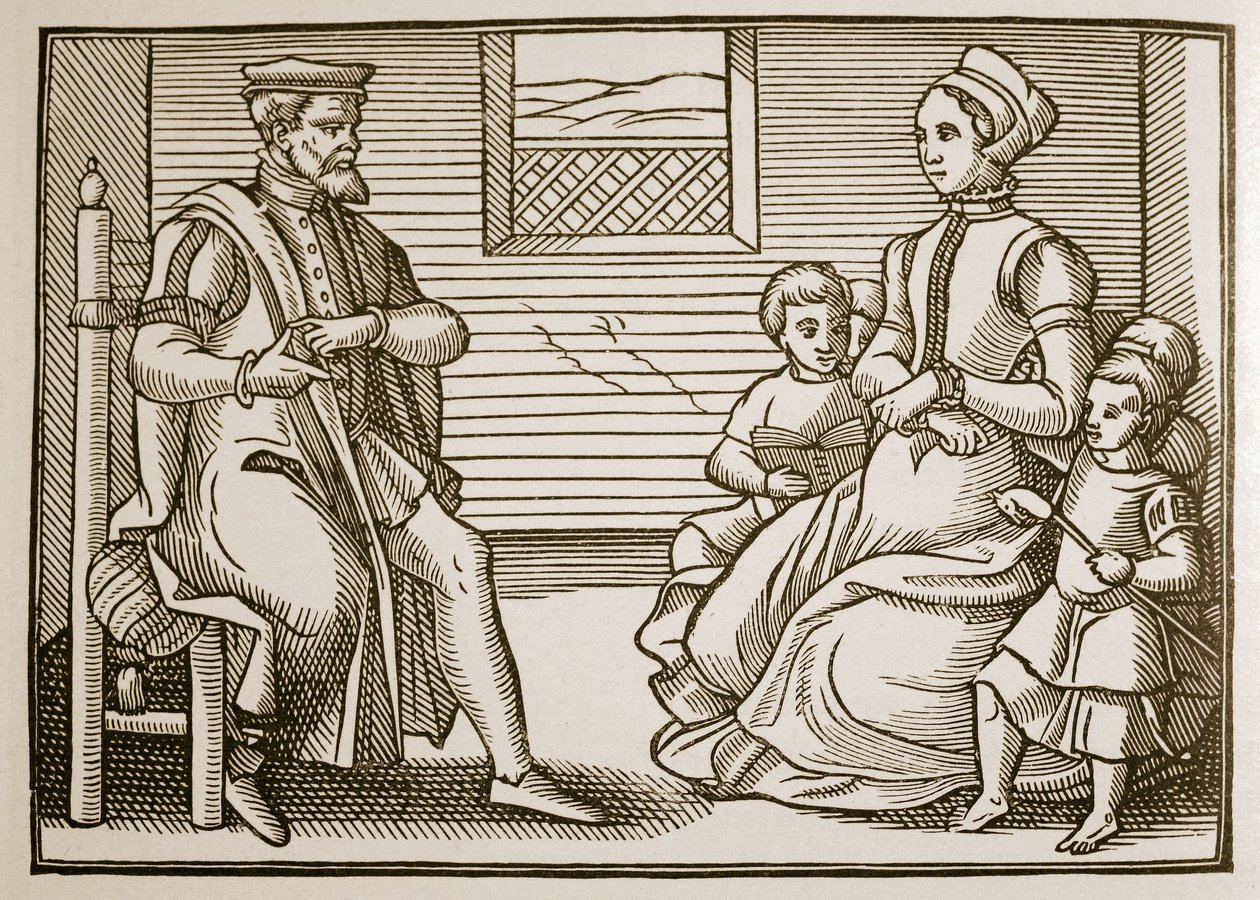 En puritansk familie, fra Tenor of the Whole Psalms in Four Parts, 1563 (sepia-bilde) av English School