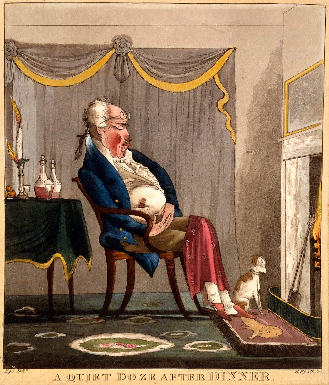 A Quiet Doze After Dinner, trykk laget av H. Pyall, ca. 1827-33 (håndfarget gravering) av English School