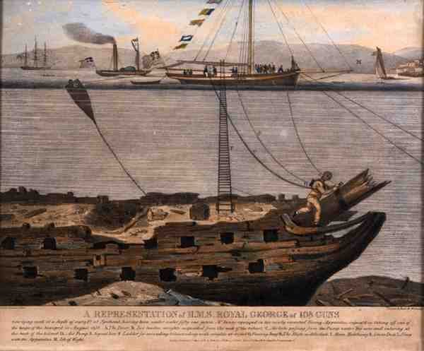 En representasjon av H.M.S. Royal George of 108 Guns, utgitt i 1833 (farget gravering) av English School