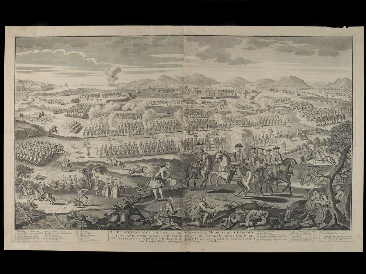 En representasjon av slaget på Drumossie Moor nær Culloden i Skottland, 16. april 1746, utgitt av Henry Overton, 30. juni 1746 av English School