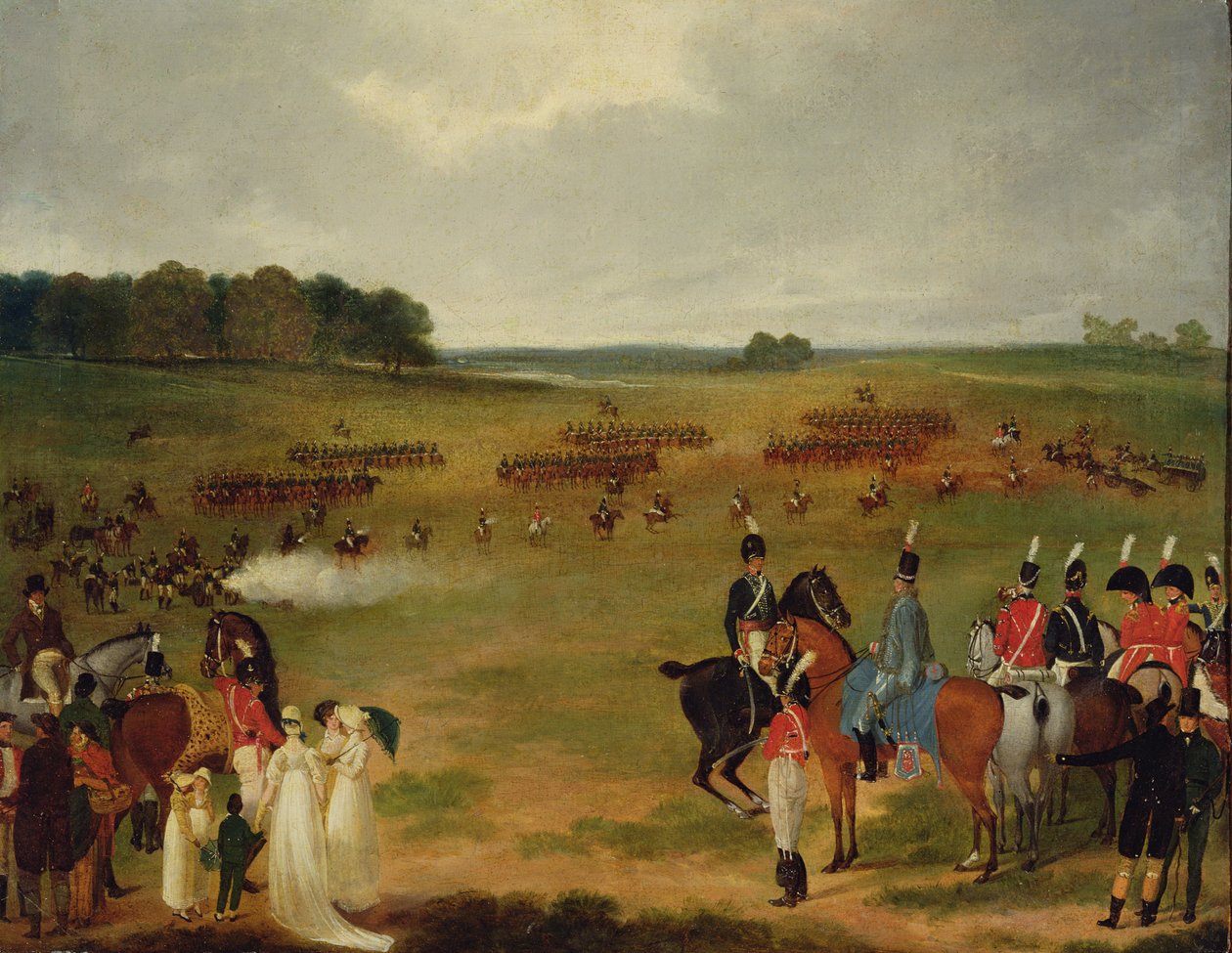 En gjennomgang av London Volunteer Cavalry and Flying Artillery i Hyde Park i 1804, ca. 1804 (olje om bord lagt ned på panel) av English School