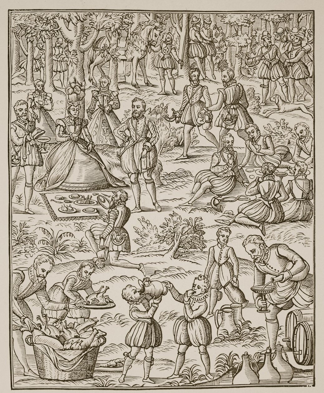 En kongelig piknik, tallerken fra Noble Art of Venerie and Hunting av George Turberville, 1575 (sepia-bilde) av English School