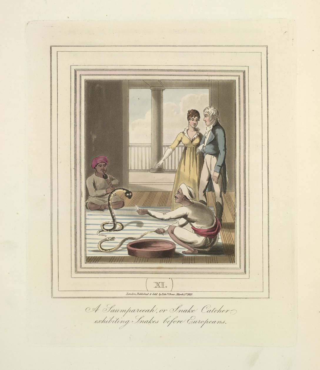 En Saumpareeah eller slangefanger som stiller ut slanger før europeere, ca. 1824 (farge litho) av English School