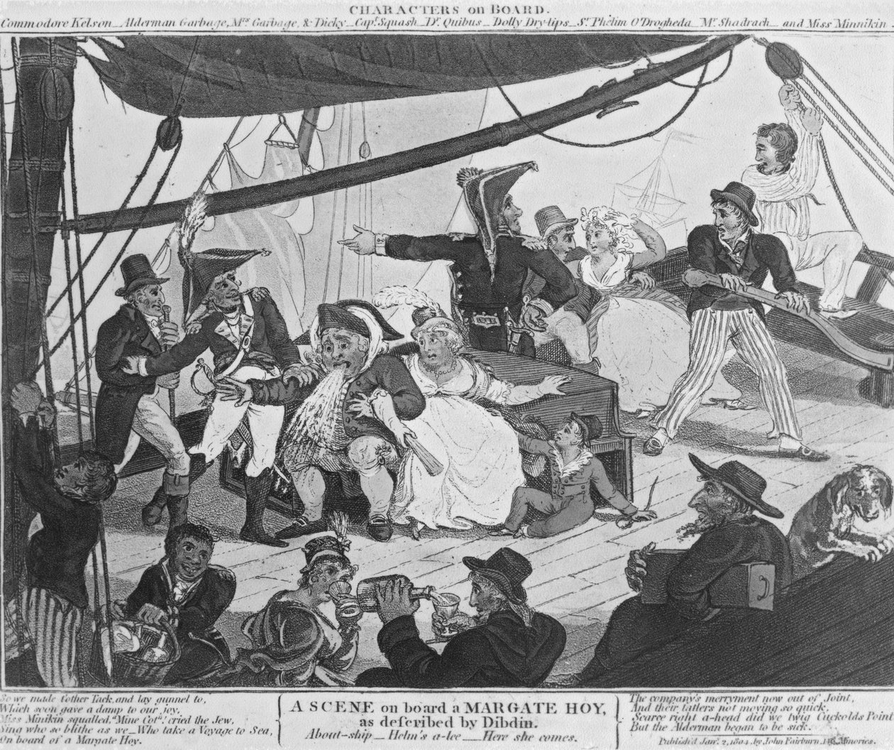 En scene om bord på en Margate Hoy, som beskrevet av Dibdin, 1804 (håndfarget etsning) av English School