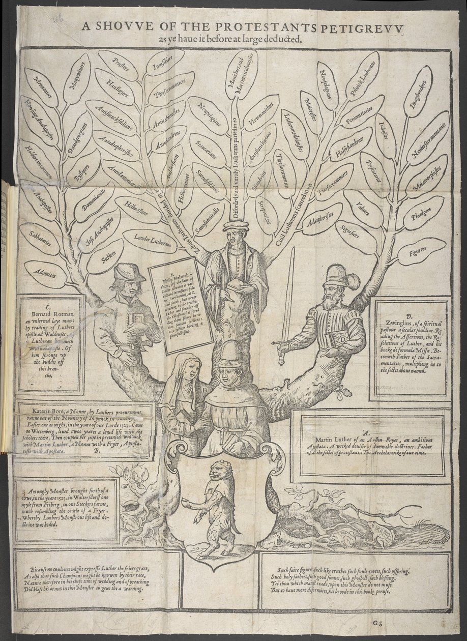 'A Showe of the Protestants Petigrew'-illustrasjon fra 'Apology of Staphylus' av Thomas Stapleton av English School