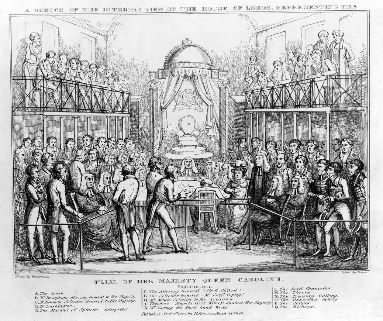En skisse av innsiden av House of Lords, som representerer rettssaken mot Hennes Majestet Dronning Caroline, pub. 1820 (s/hv gravering) av English School