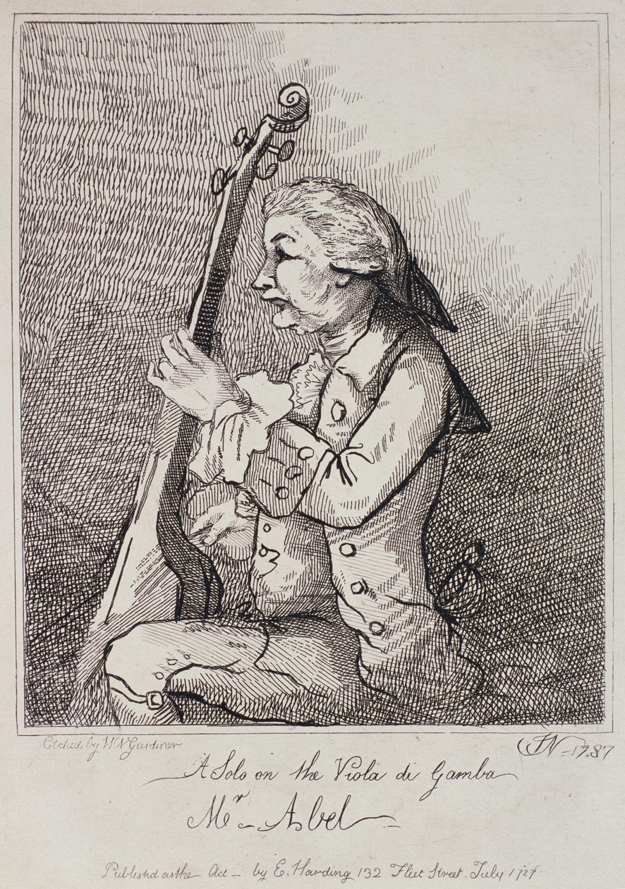 En solo på Viola da Gamba, Carl Friedrich Abel (1723-87) gravert av William Nelson Gardiner (1766-1814) 1787 av English School