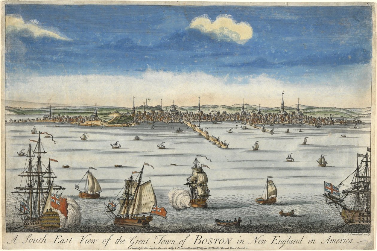 En sørøstlig utsikt over den store byen Boston i New England ..., ca. 1730 (håndfarget gravering) av English School