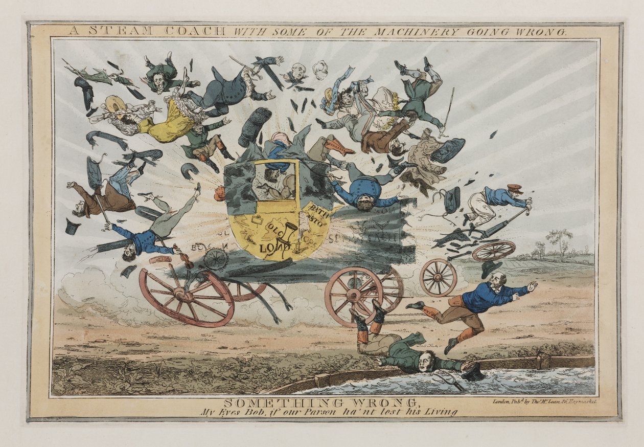 En dampvogn med noe av maskineriet som går galt, ca. 1825 av English School