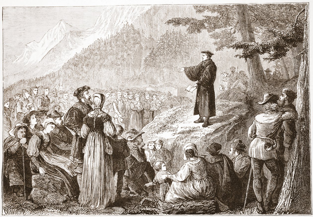 En sveitsisk reformator som forkynner for sin flokk i det åpne felt, illustrasjon fra The History of Protestantism av James Aitken Wylie (1808-1890), pub. 1878 av English School