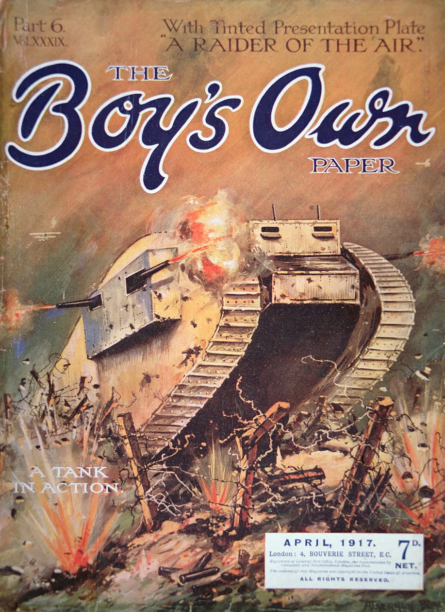 'A Tank in Action', fra The Boy's Own Paper, april 1917 (farge litho) av English School