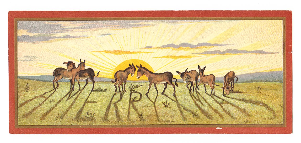 Et viktoriansk julekort av en solnedgang som kaster skygger fra en rad med esler hvor det står "Merry Xmas", ca. 1880 av English School