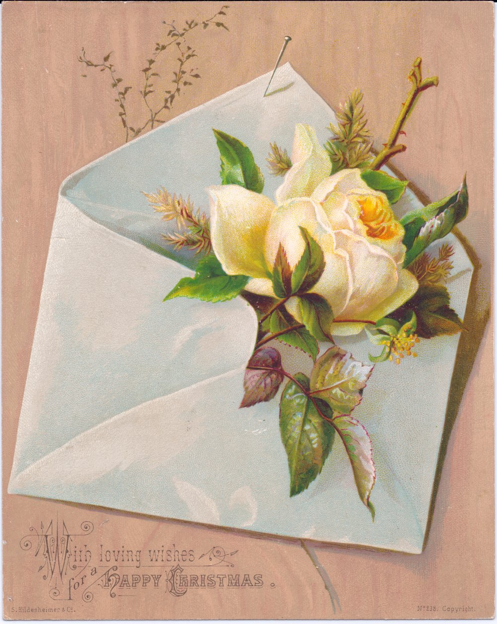 Et viktoriansk julekort som viser en konvolutt med en rose som stikker ut fra den, ca. 1880 av English School