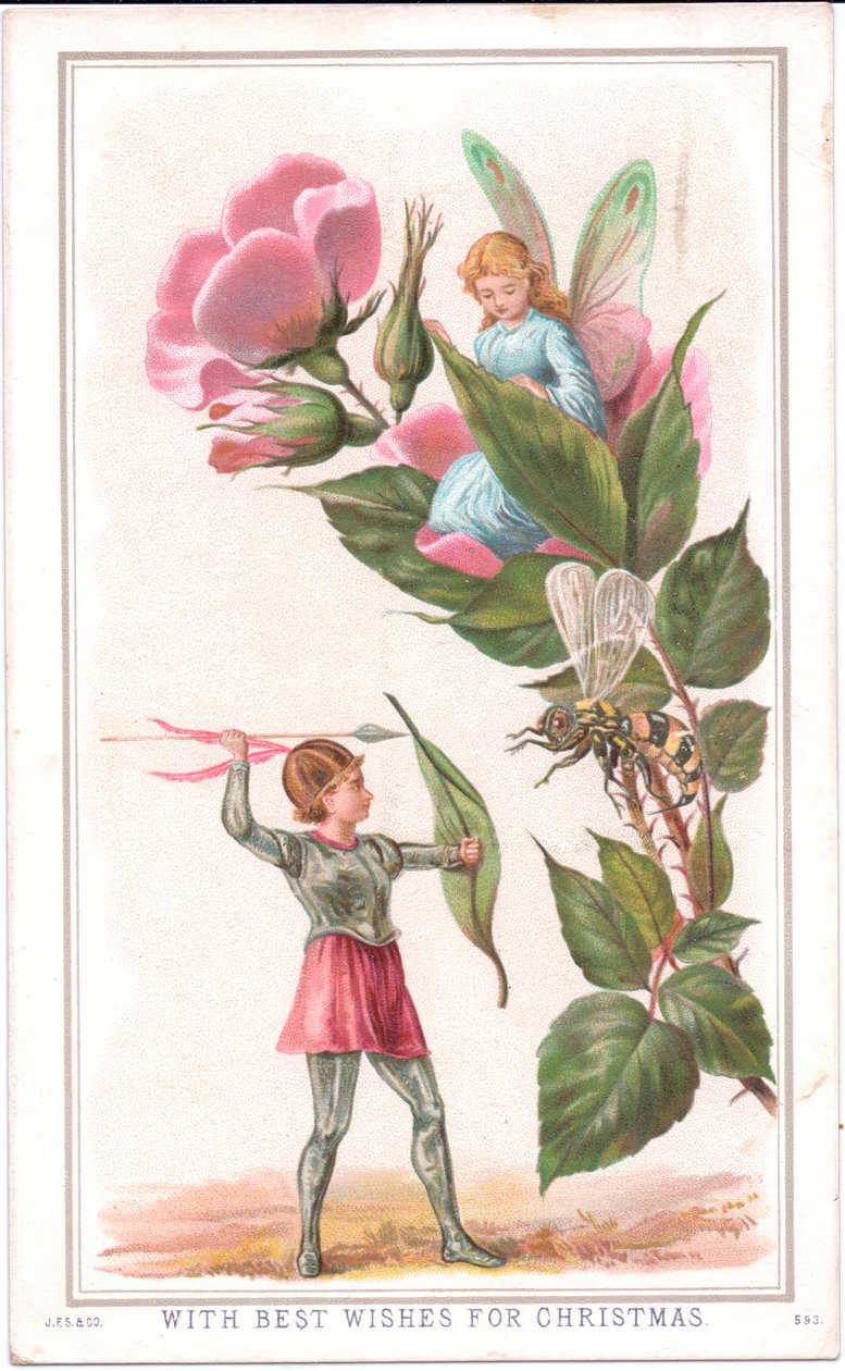 Et viktoriansk julekort av en fe som sitter på en rose og en annen fe som kaster et spyd mot en veps, ca. 1880 av English School