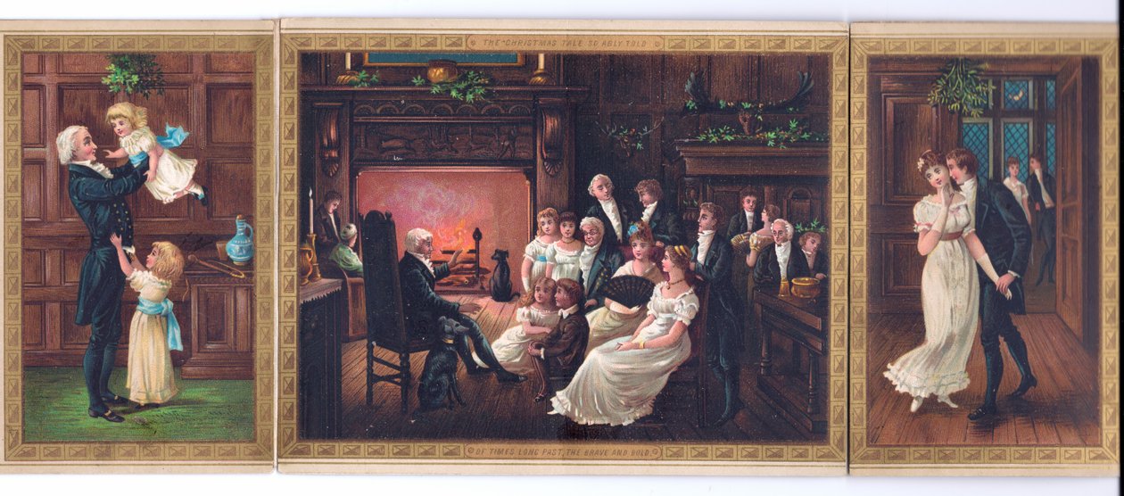 Et viktoriansk julekort av en far og hans barn, en far som forteller en historie til en familiegruppe og en herre som prøver å kysse en dame under mistelteinen, ca. 1880 av English School