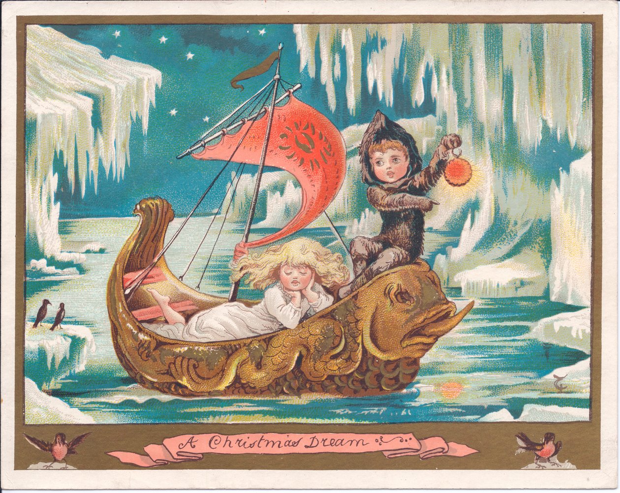 Et viktoriansk julekort av en jentefe som sover i en utsmykket delfinbåt på et islagt hav mens en guttefe holder en lampe, ca. 1880 (farge litho) av English School
