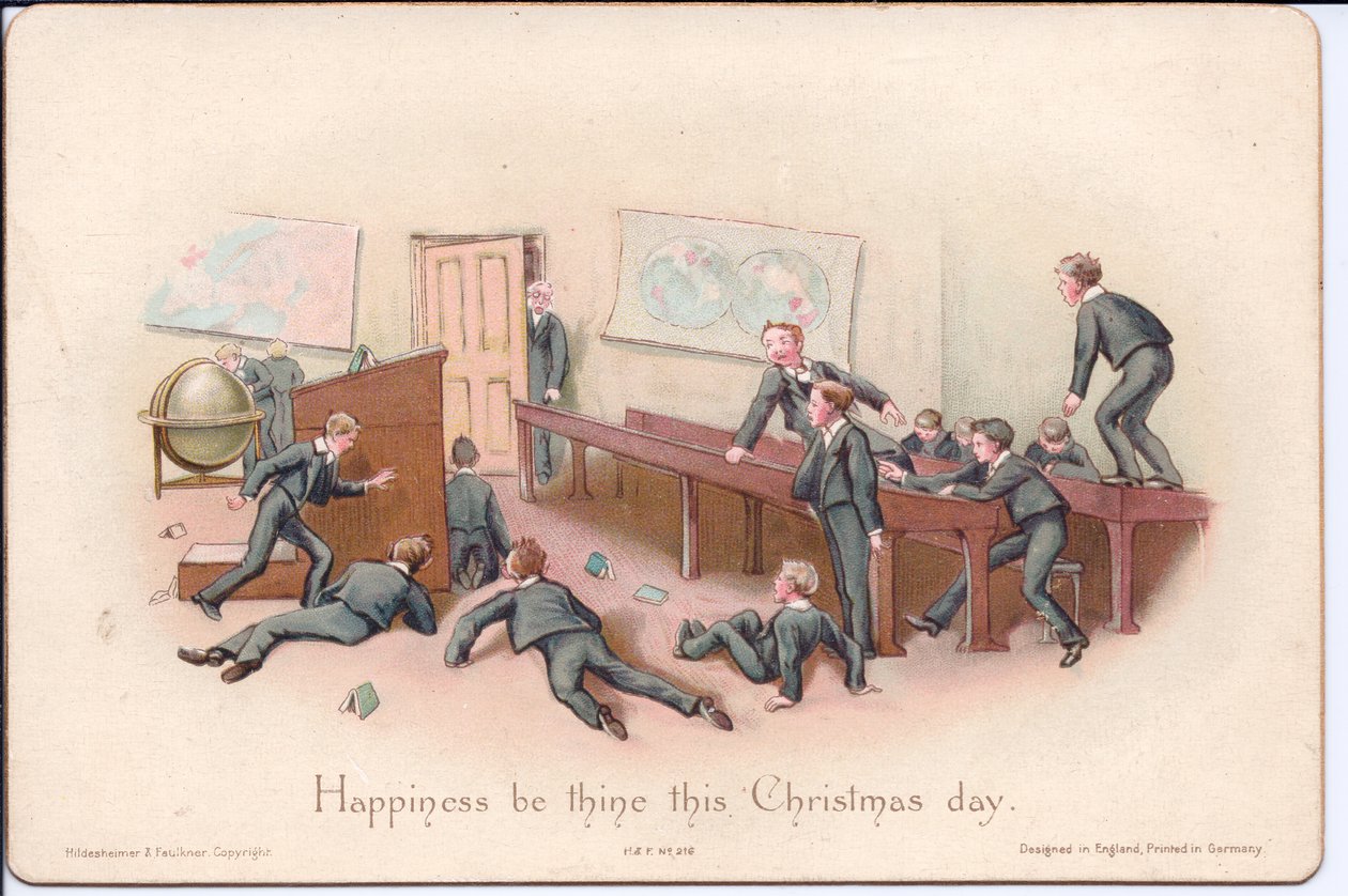 Et viktoriansk julekort av en rektor som ser på uregjerlige gutter i et klasserom, ca. 1880 (farge litho) av English School