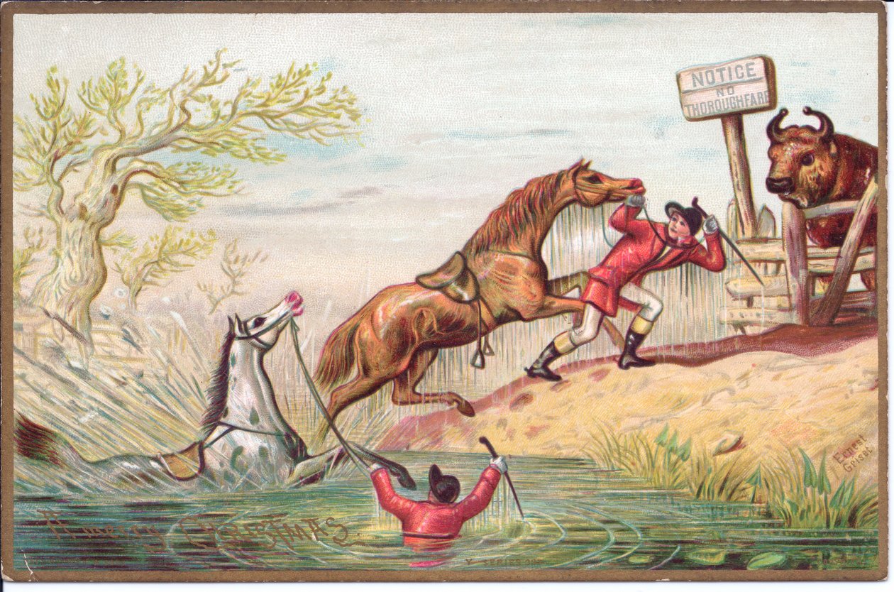 Et viktoriansk julekort av en hest som banker i vannet mens den andre blir dratt i land av rytteren sin, ca. 1880 (farge litho) av English School