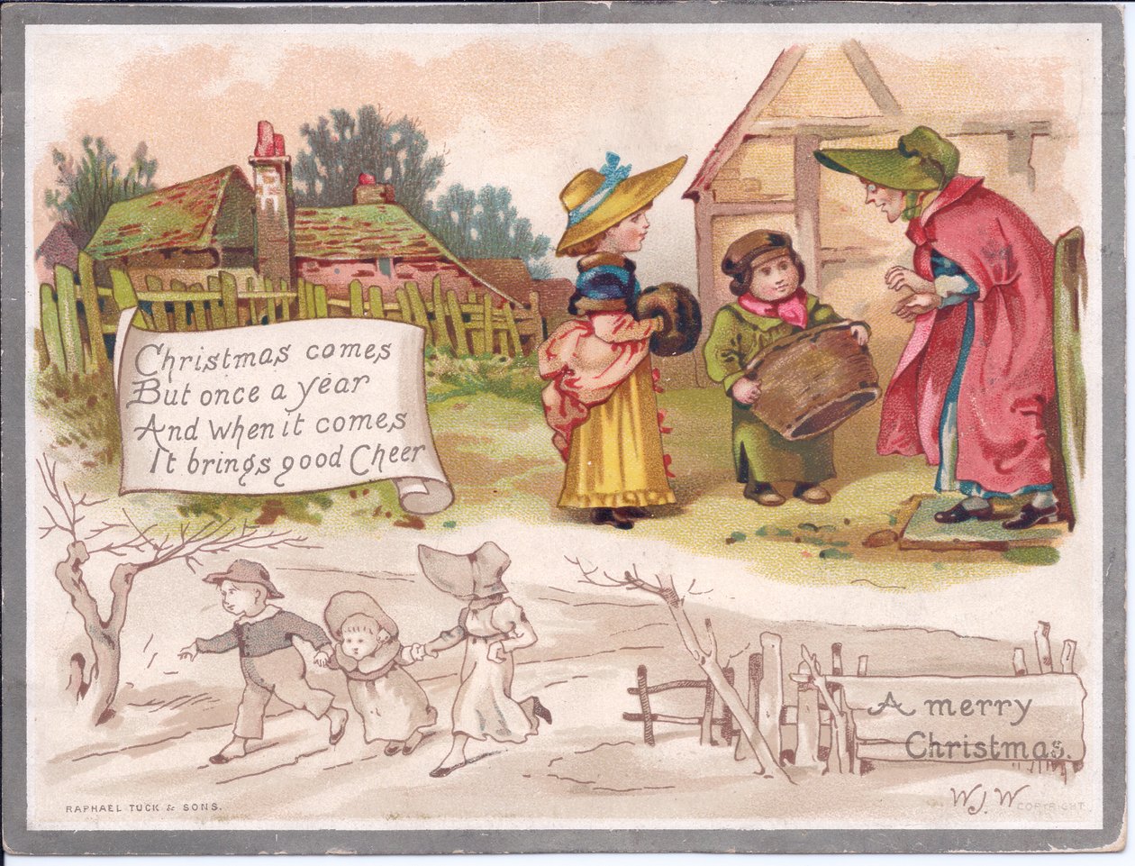 Et viktoriansk julekort av en eldre kvinne med to barn på en gård, ca. 1880 (farge litho) av English School