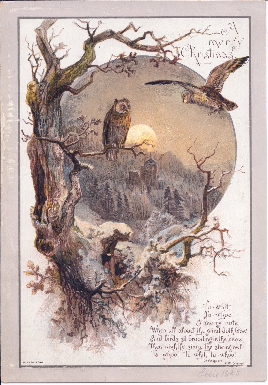 Et viktoriansk julekort av en ugle plassert på en gren på en måneskinn natt, ca. 1880 (farge litho) av English School
