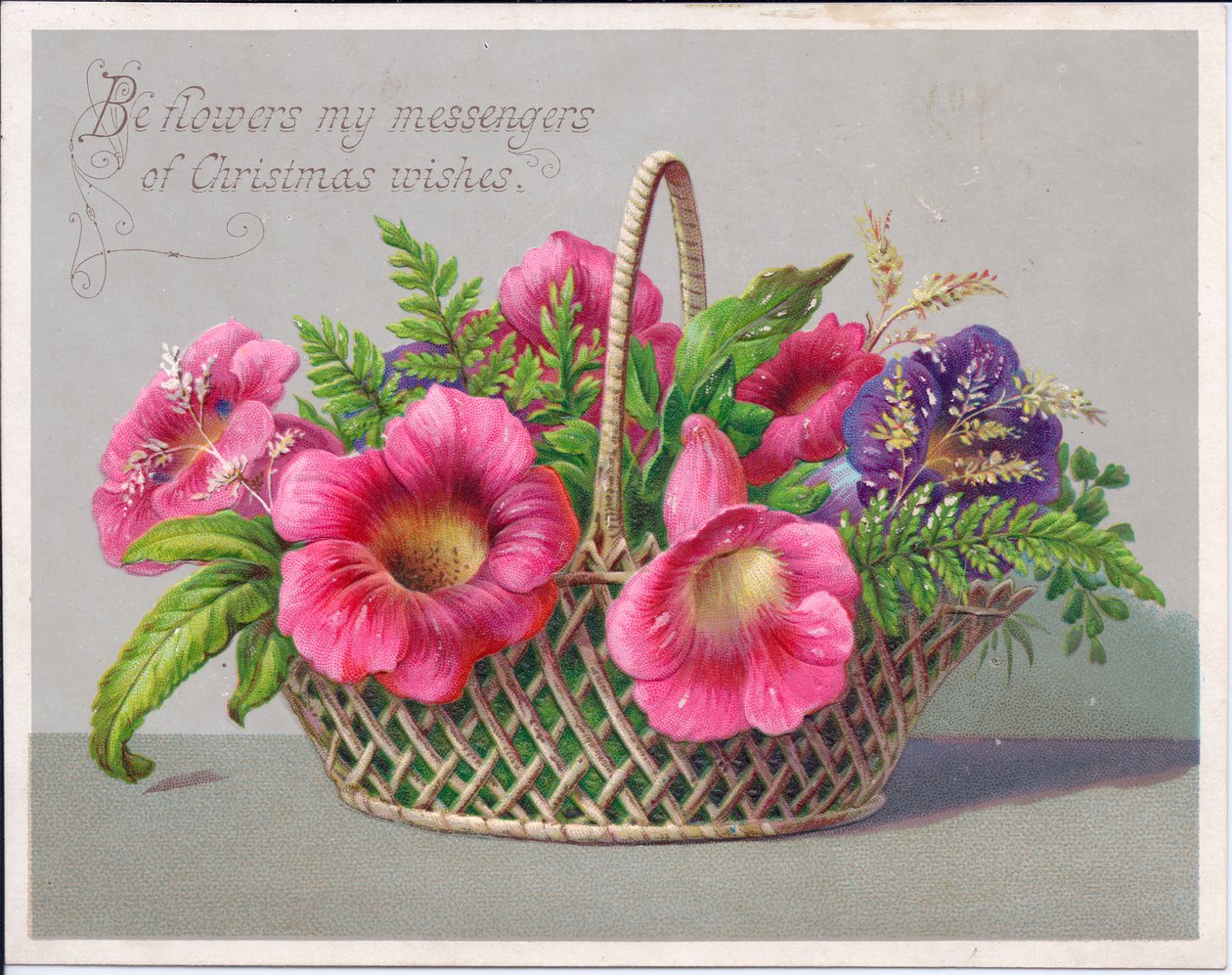 Et viktoriansk julekort med blomster i en flettet kurv, ca. 1880 (farge litho) av English School