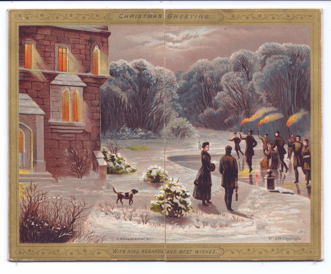 Et viktoriansk julekort med skatere med flammende fakler som skøyter på en frossen innsjø foran et herskapshus med tilskuere og en hund, ca. 1880 av English School