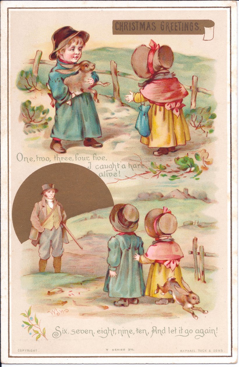 Et viktoriansk julekort av to barn med en hare, ca. 1880 (farge litho) av English School