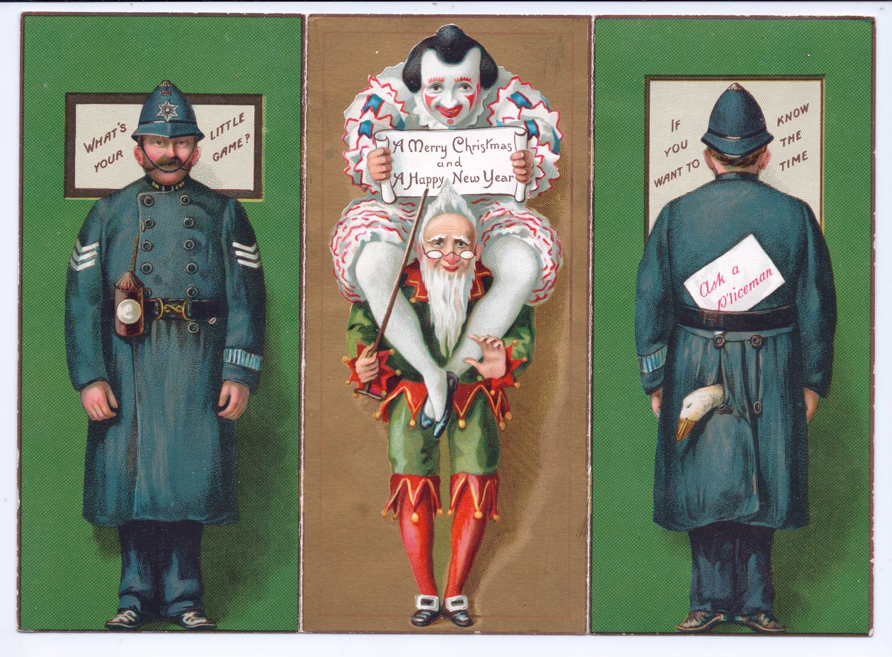 Et viktoriansk julekort med en narr, klovn og politimann, ca. 1880 av English School