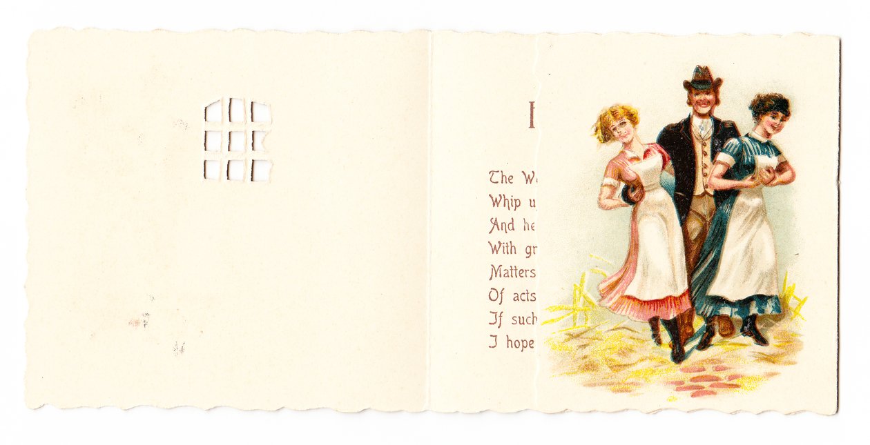 Et viktoriansk gratulasjonskort av en herre med to hushjelper, rundt 1880 av English School