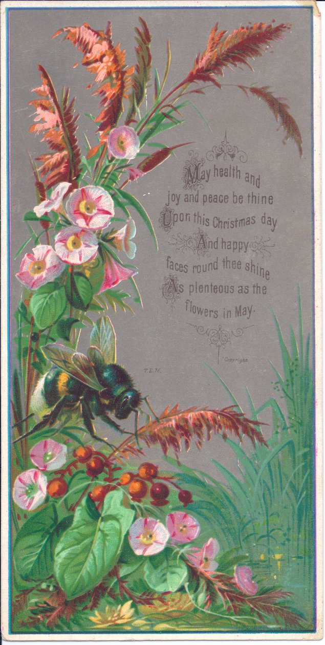 Et viktoriansk nyttårskort av en bie som svever over blomster, rundt 1880 av English School