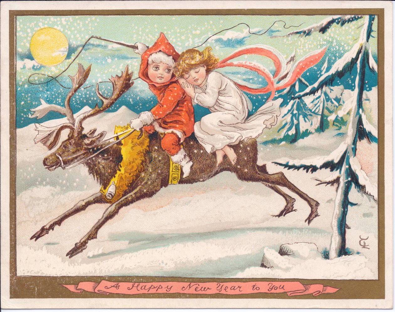 Et viktoriansk nyttårskort av en jente- og guttefe over et reinsdyr på en måneskinn, snørik natt, ca. 1880 (farge litho) av English School