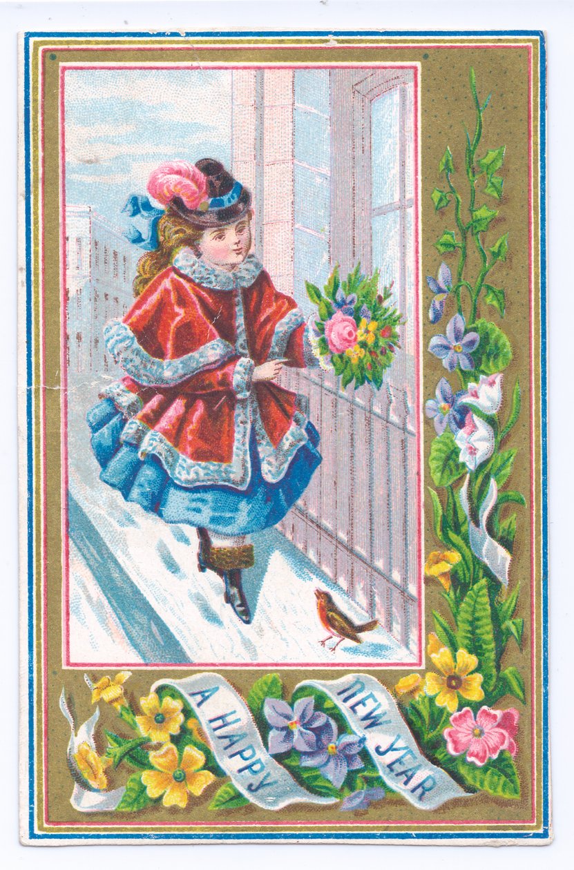 Et viktoriansk nyttårskort av en jente kledd i en pelsforet kappe som holder en blomsterbukett som går i snøen, ca. 1880 (farge litho) av English School