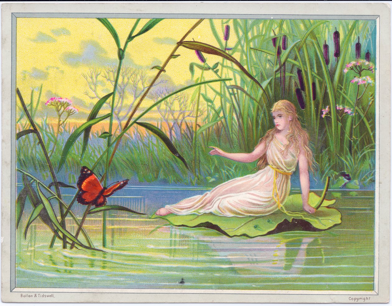 Et viktoriansk gratulasjonskort av en fe som lener seg tilbake på et lotusliljeblad og ser på en sommerfugl mot en bakgrunn av bullrushes, ca. 1880 av English School