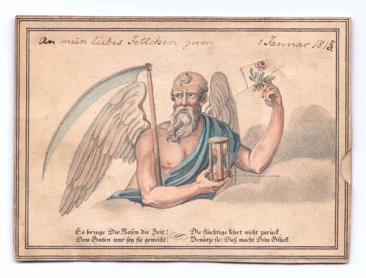 Et viktoriansk gratulasjonskort av den grimme høsteren med ljå og timeglass som holder en rose, ca. 1815 (farge litho) av English School