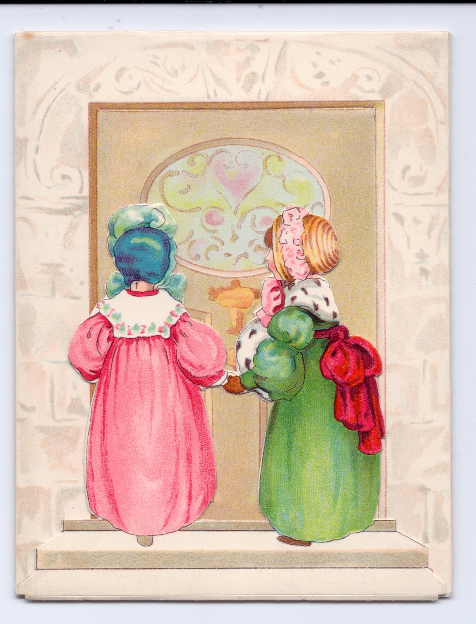 Et viktoriansk gratulasjonskort av to barn med panser i ferd med å gå inn en inngangsdør, ca. 1880 (farge litho) av English School