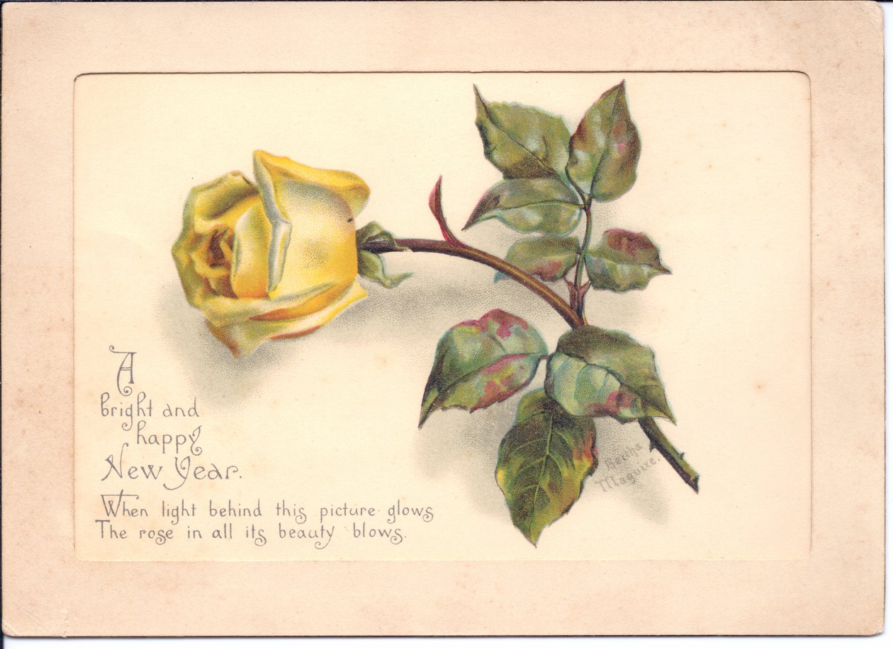 Et viktoriansk nyttårskort for å holde i lyset av en gul rose. Når kortet holdes foran en lyskilde blir roseknoppen til en full blomst, ca 1898 av English School