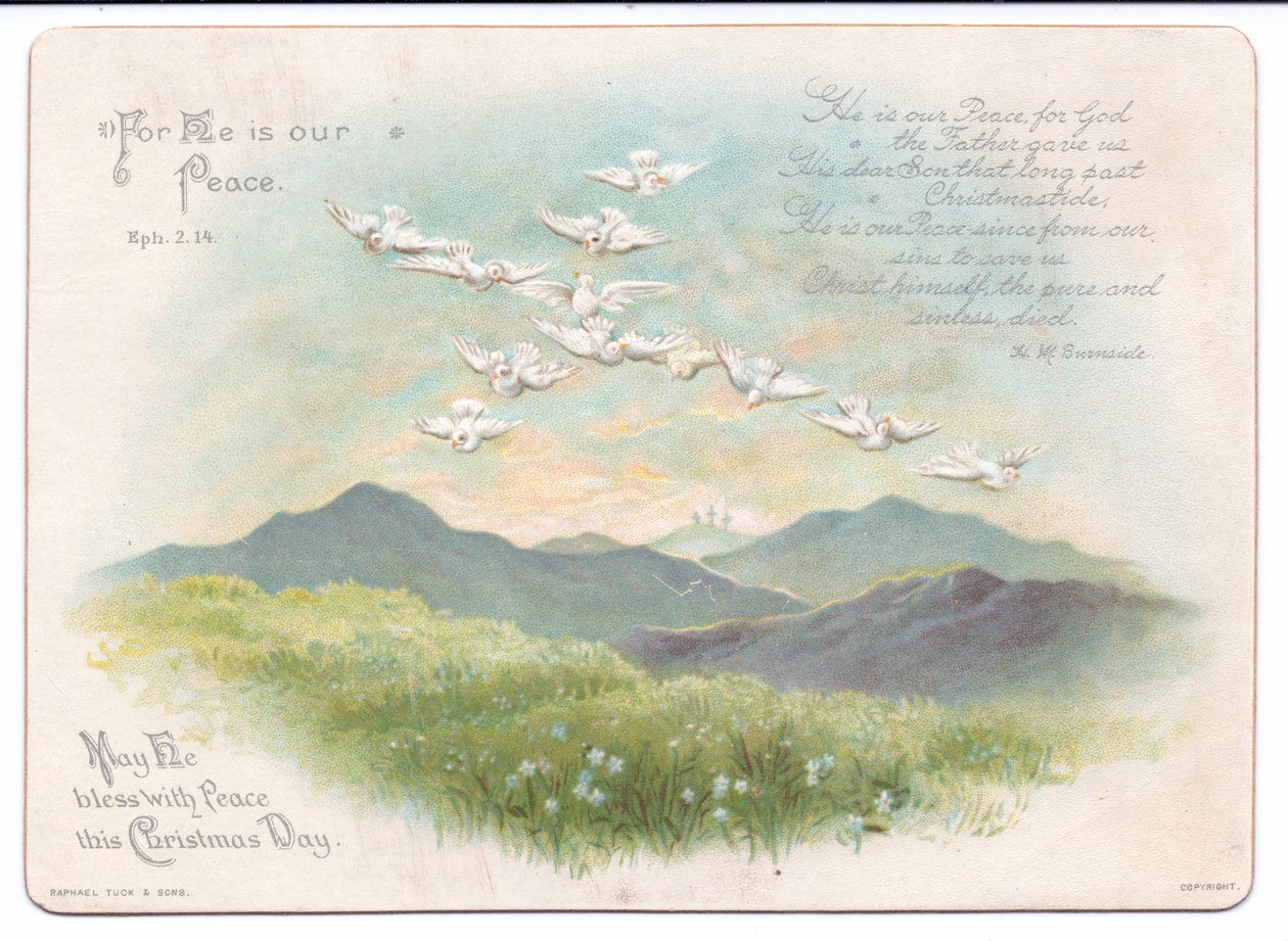 Et viktoriansk religiøst julekort med flygende duer i form av et kors, ca. 1880 (farge litho) av English School