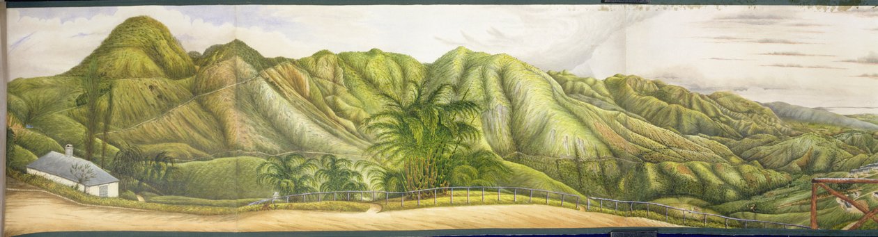 A View Towards Kingston fra Military Sanatorium i Newcastle, Blue Mountains, Jamaica, 1855 (wc og gouache på papir lagt ned på lerret) av English School