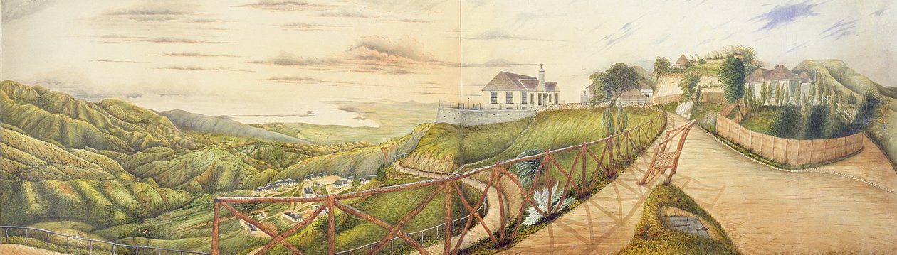 A View Towards Kingston fra Military Sanatorium i Newcastle, Blue Mountains, Jamaica, 1855 (wc og gouache på papir lagt ned på lerret) av English School