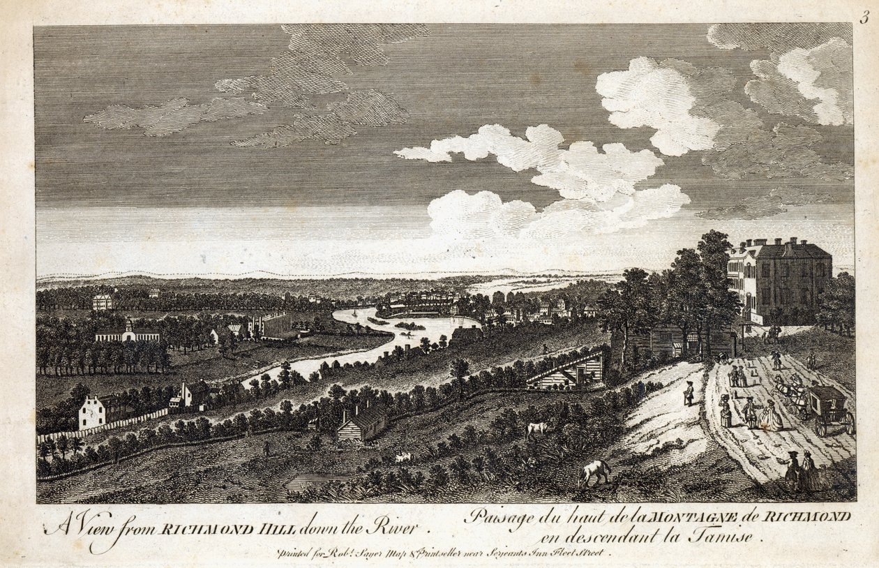 En utsikt fra Richmond Hill nedover elven, trykt for Robert Sayer Map und Printseller, Fleet Street av English School