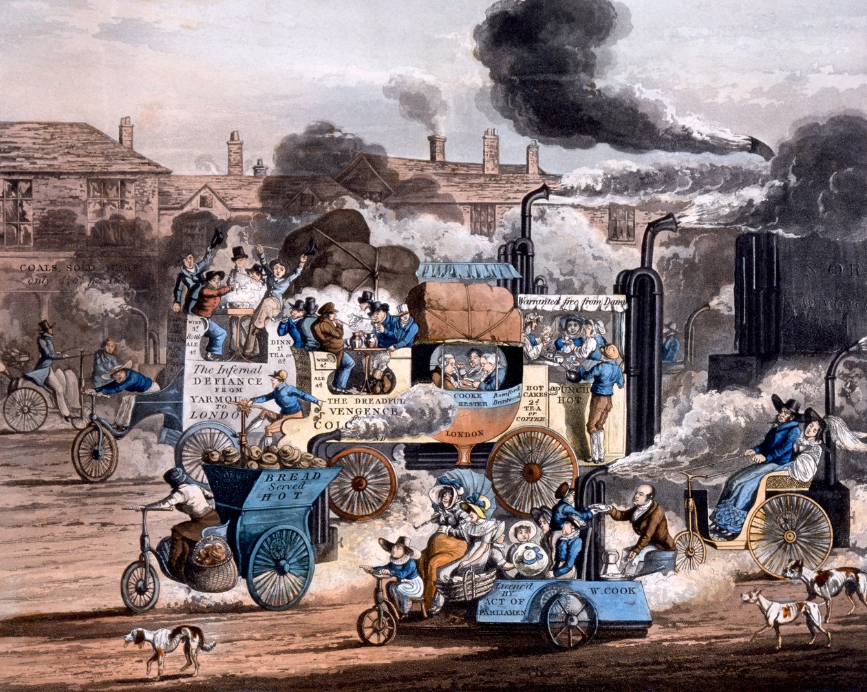 A View in White Chapel Road 1830, fra The Progress of Steam - Aikens Illustration of Modern Prophecy 1828 (håndfarget akvatint) av English School