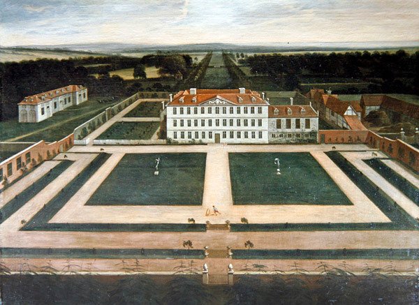 A View of Capesthorne Hall, Cheshire, ca. 1730 (olje på lerret) av English School