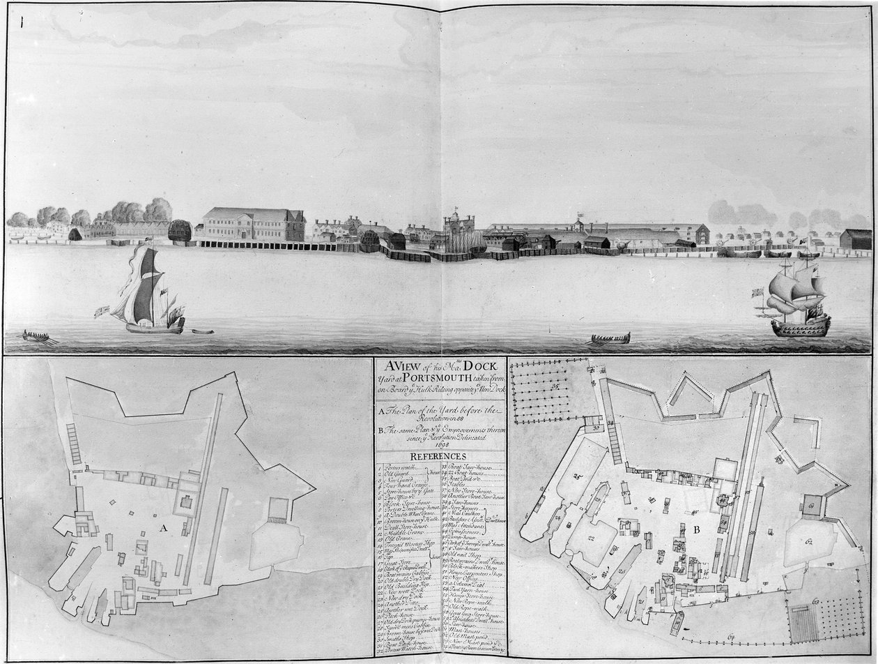 En utsikt over His Majestys Dockyard i Portsmouth tatt fra motsatt side av New Dock, 1698 av English School