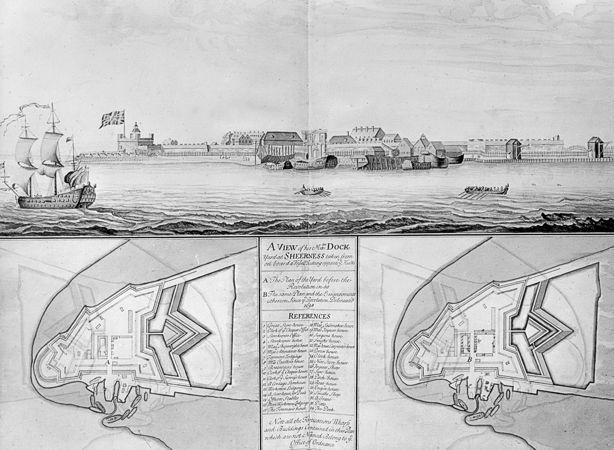 En utsikt over His Majestys Dockyard på Sheerness, 1698 av English School