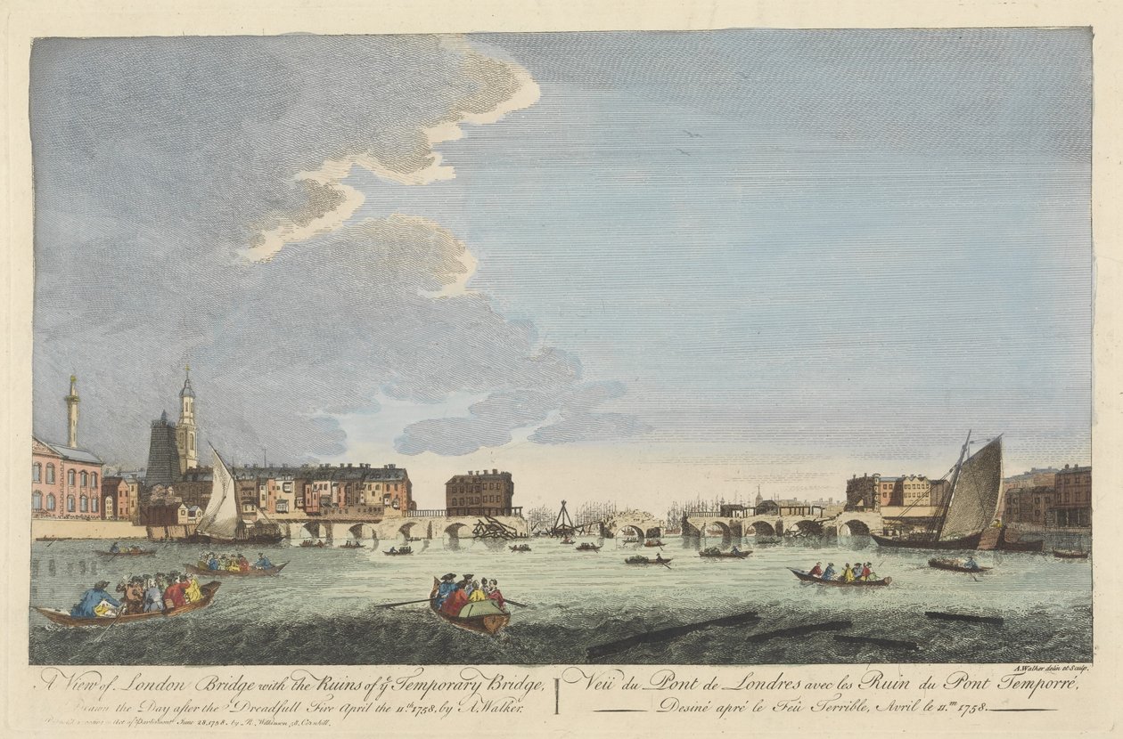 En utsikt over London Bridge med ruinene av den midlertidige broen etter brannen 11. april 1758 (farget gravering) av English School