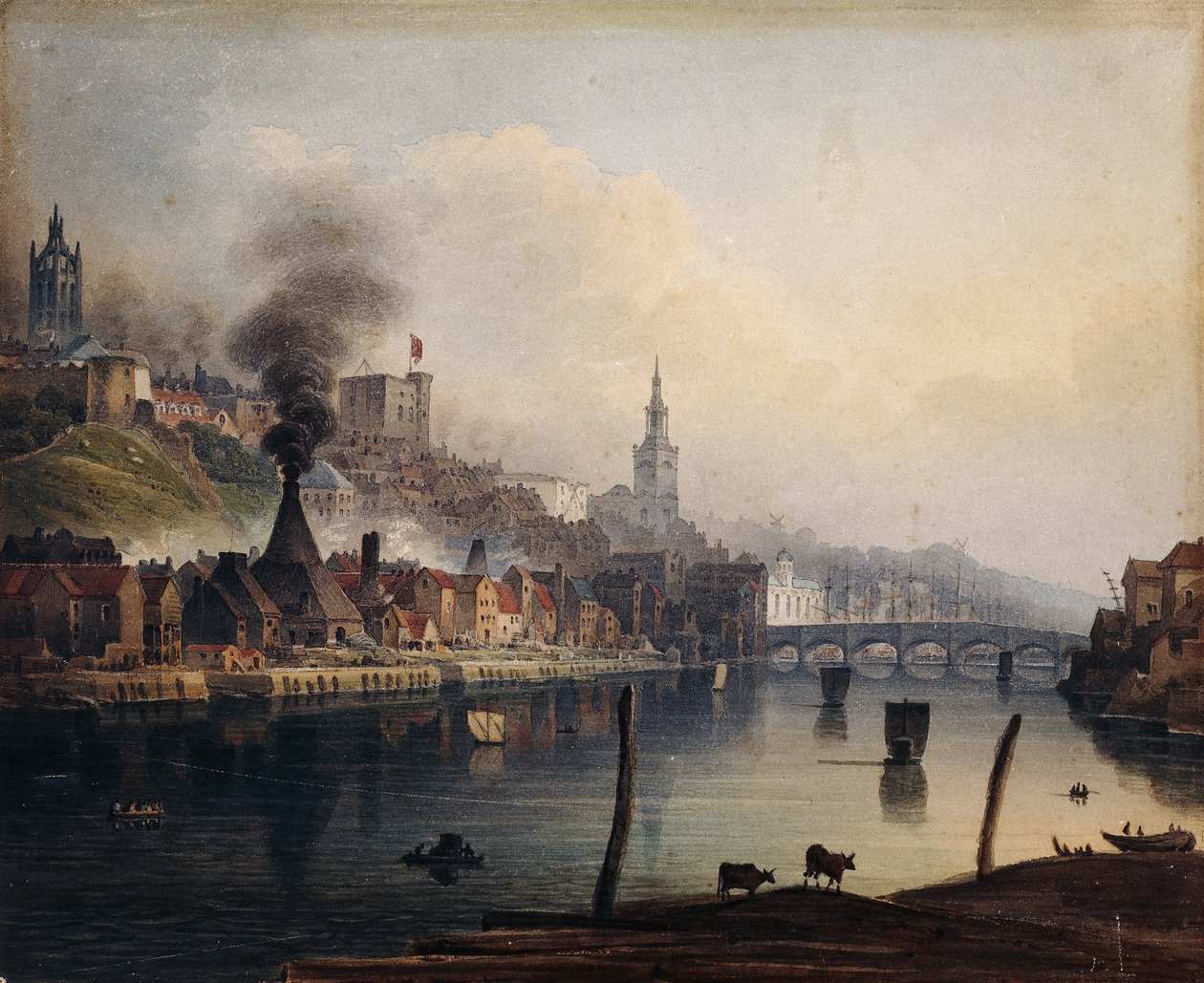 En utsikt over Newcastle fra elven Tyne, ca. 1810 av English School