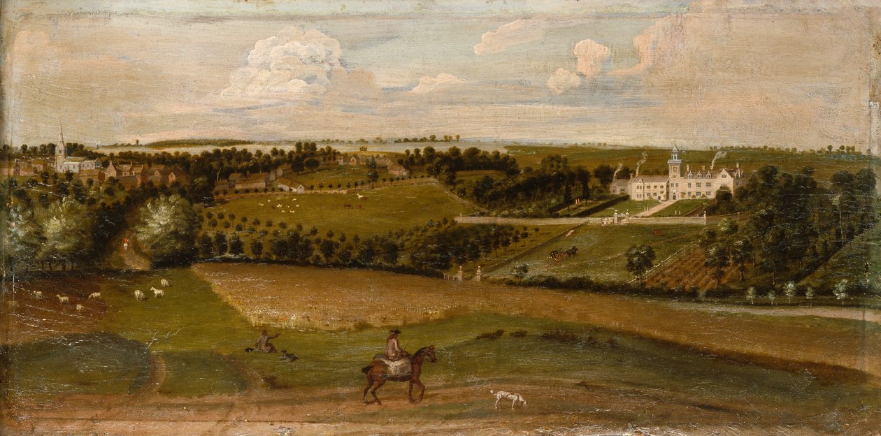 Utsikt over Walgrave Hall (olje) av English School
