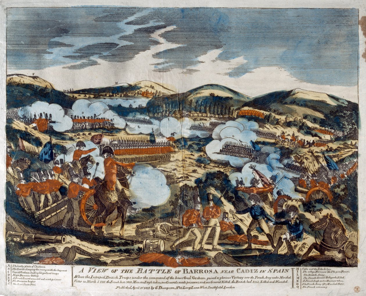 En utsikt over slaget ved Barossa, 1811 (farget tresnitt) av English School