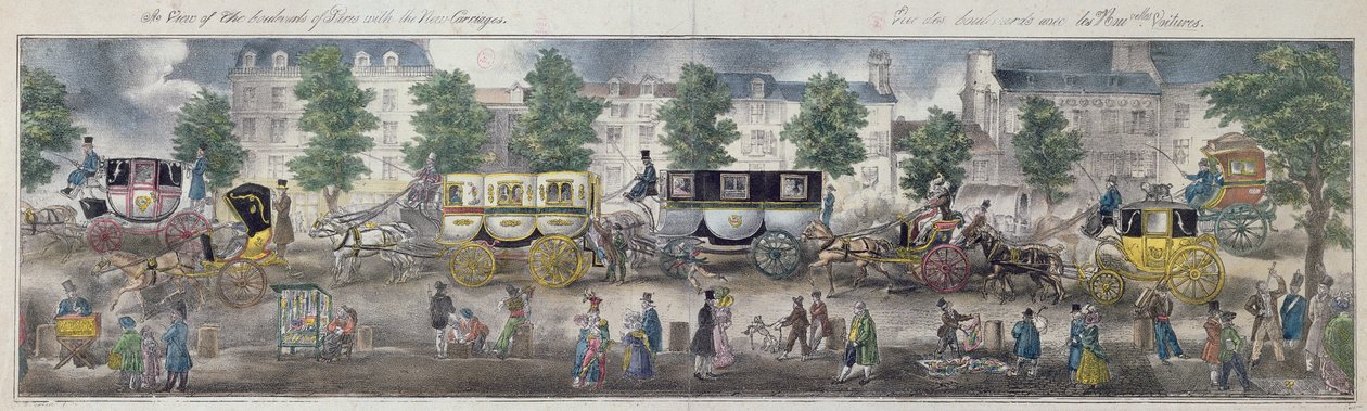 En utsikt over boulevardene i Paris med de nye vognene, 1828 (fargegravering) av English School
