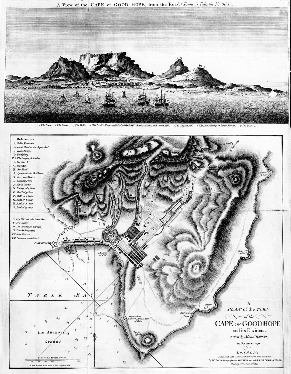 En utsikt over Kapp det gode håp og en plan over byen Kapp det gode håp og omegn, utgitt 1795 av English School